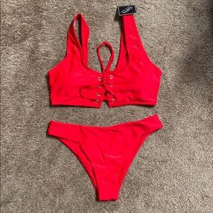 Red two piece swimsuit